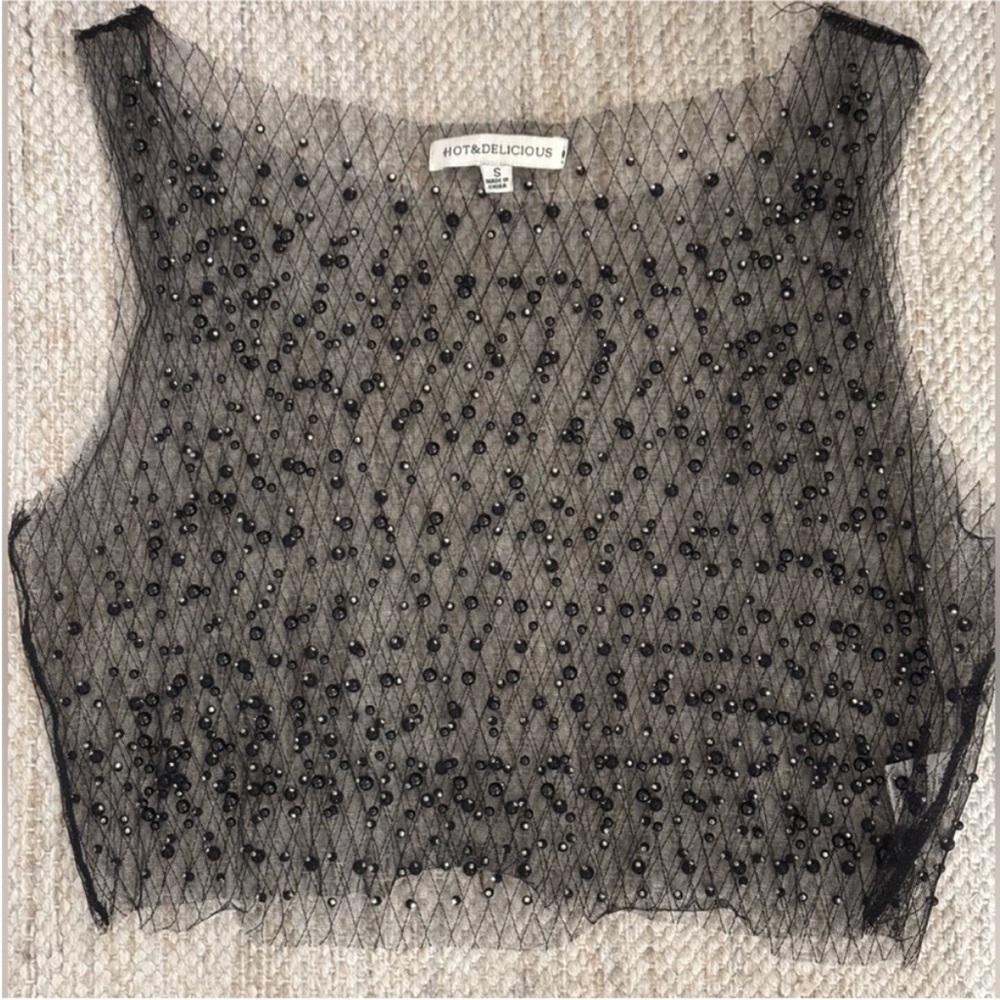 Hot & Delicious Sheer Black Beaded Crop Top